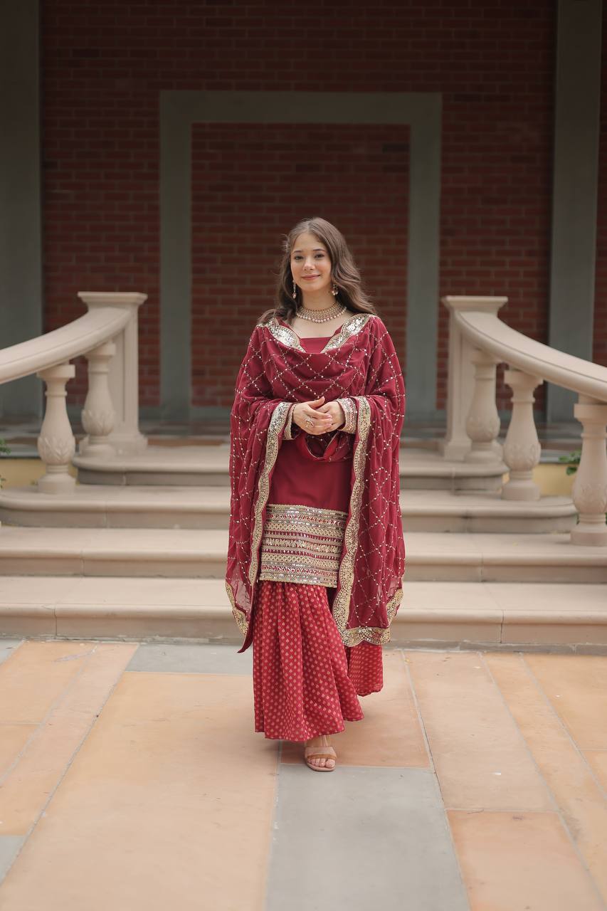 PREMIUM DESIGNER READYMADE TOP-SHARARA-DUPATTA MAROON COLOR