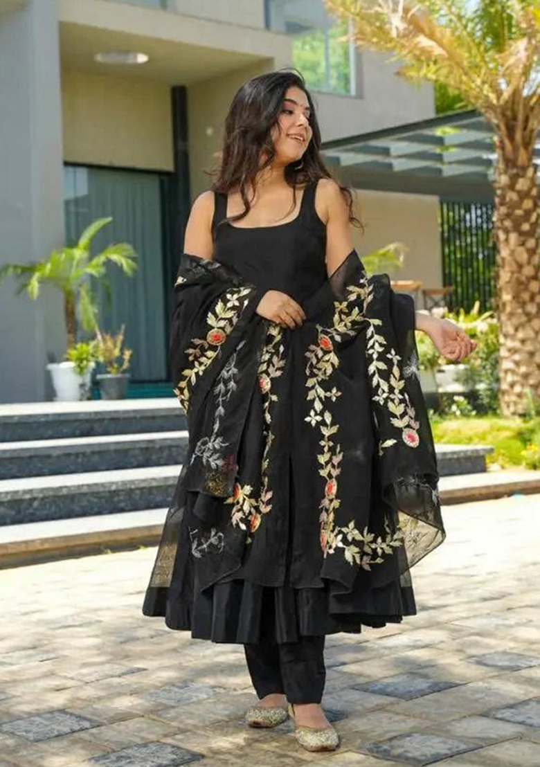 Black Embroidered Georgette Anarkali Set