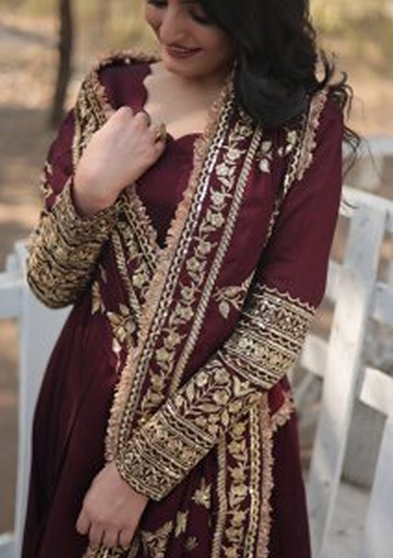 Maroon Embroidered Vichitra Anarkali Set