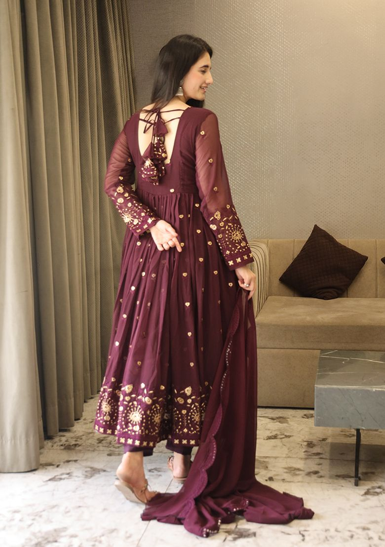 Wine Embroidered Georgette Anarkali Set