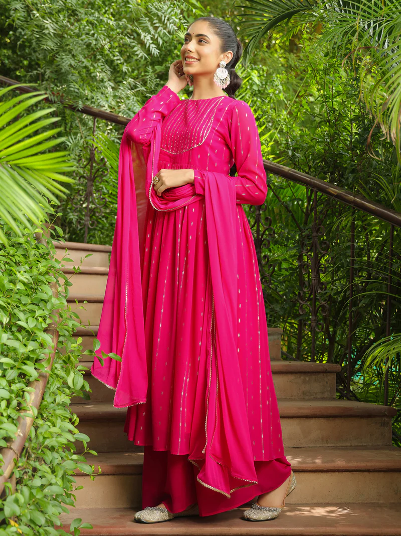 Pink Georgette Foil Printed Anarkali Kurta Set