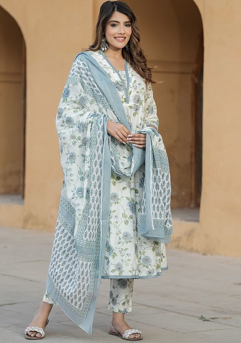 Floral Printed V-Neck Thread Work Pure Cotton Empire Kurta With Trousers And Dupatta