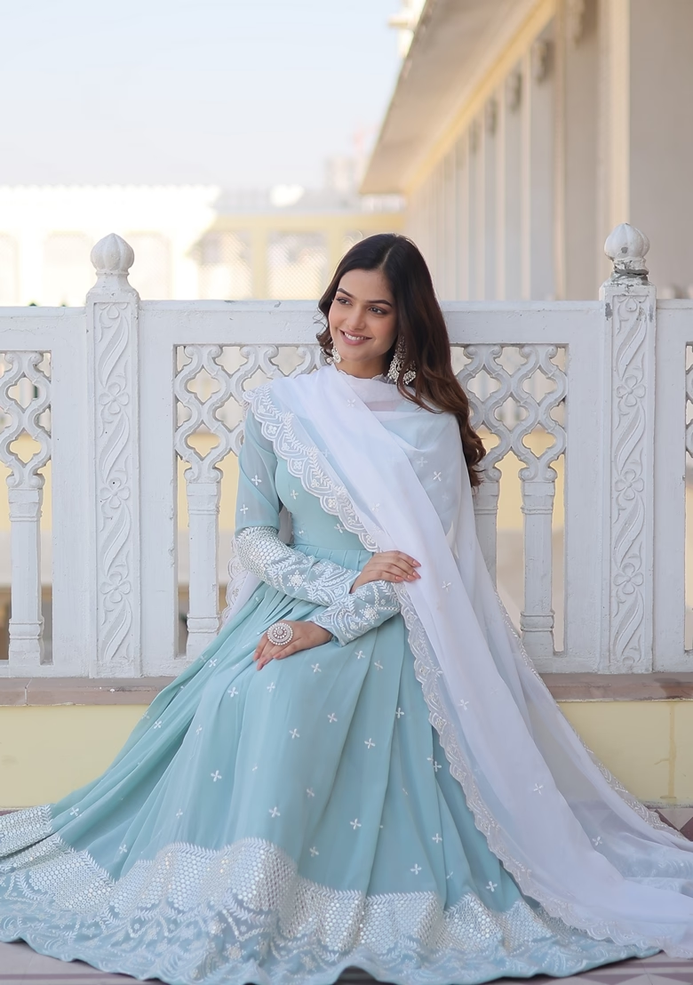 Light Blue Embroidered Georgette Anarkali Set