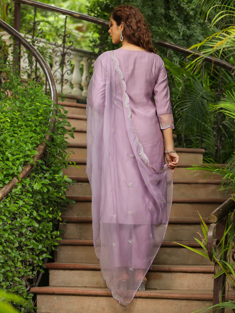 Lavender Silk Blend Embroidered Straight Kurta Set