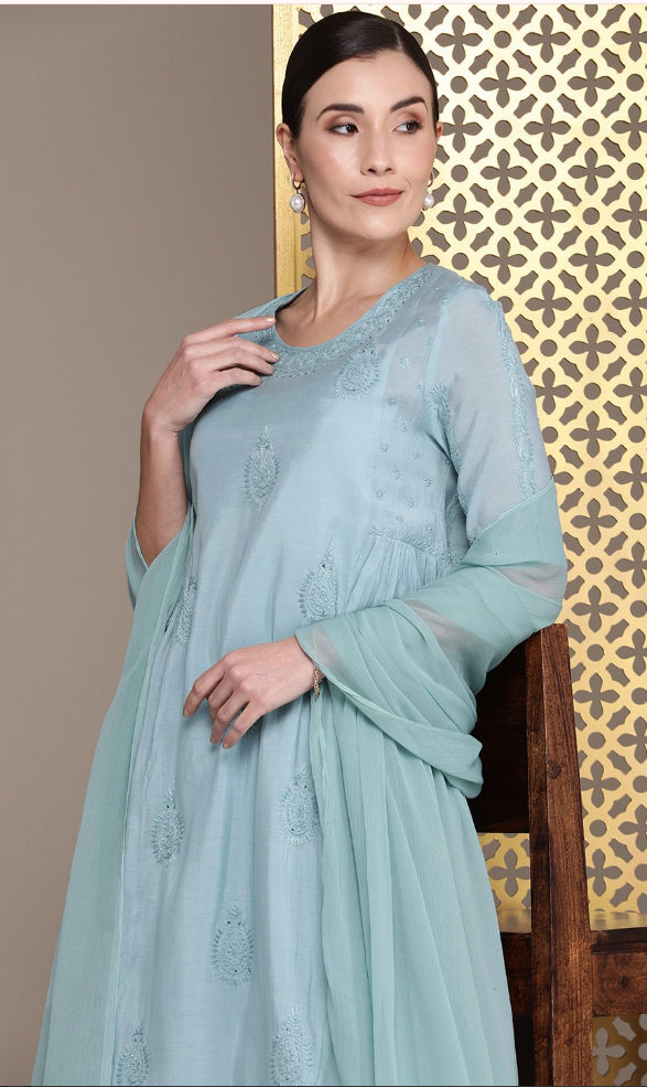 Floral Chikankari Embroidered flared Jashn Kurta with Palazzo & Dupatta