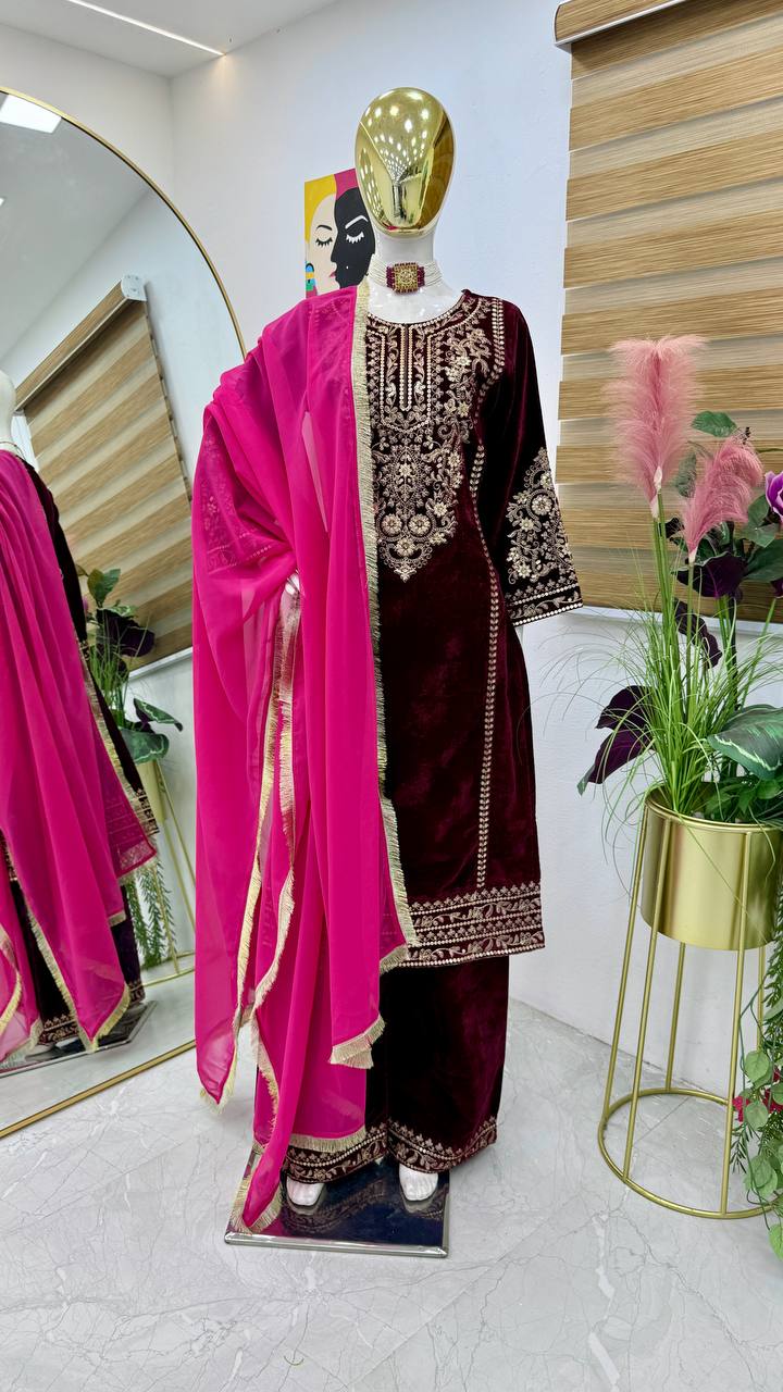 "Maroon Color Velvet Kurta Set: Luxurious and Classic Ethnic Elegance"