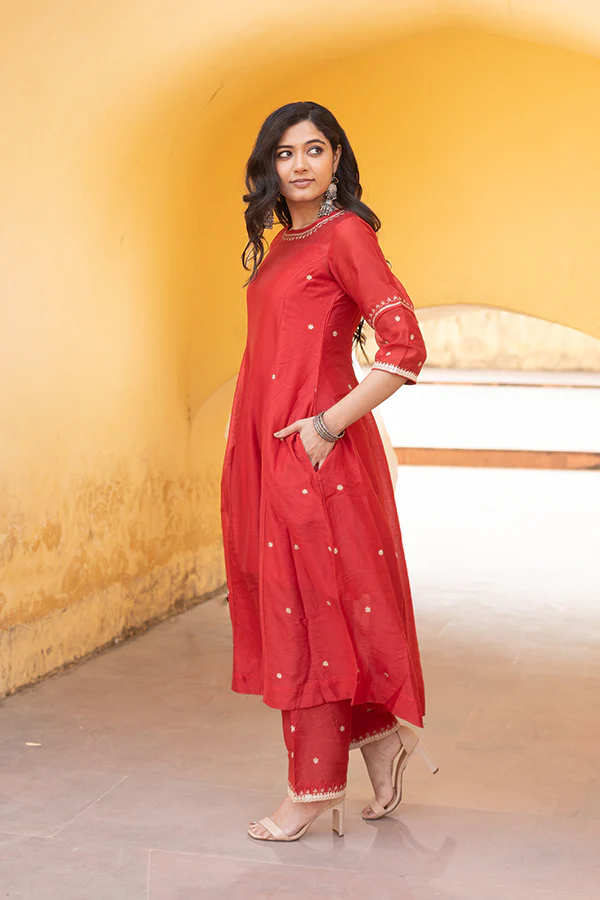 Red Chanderi Embroidered Three Kali Bandhani Dupatta Suit Set