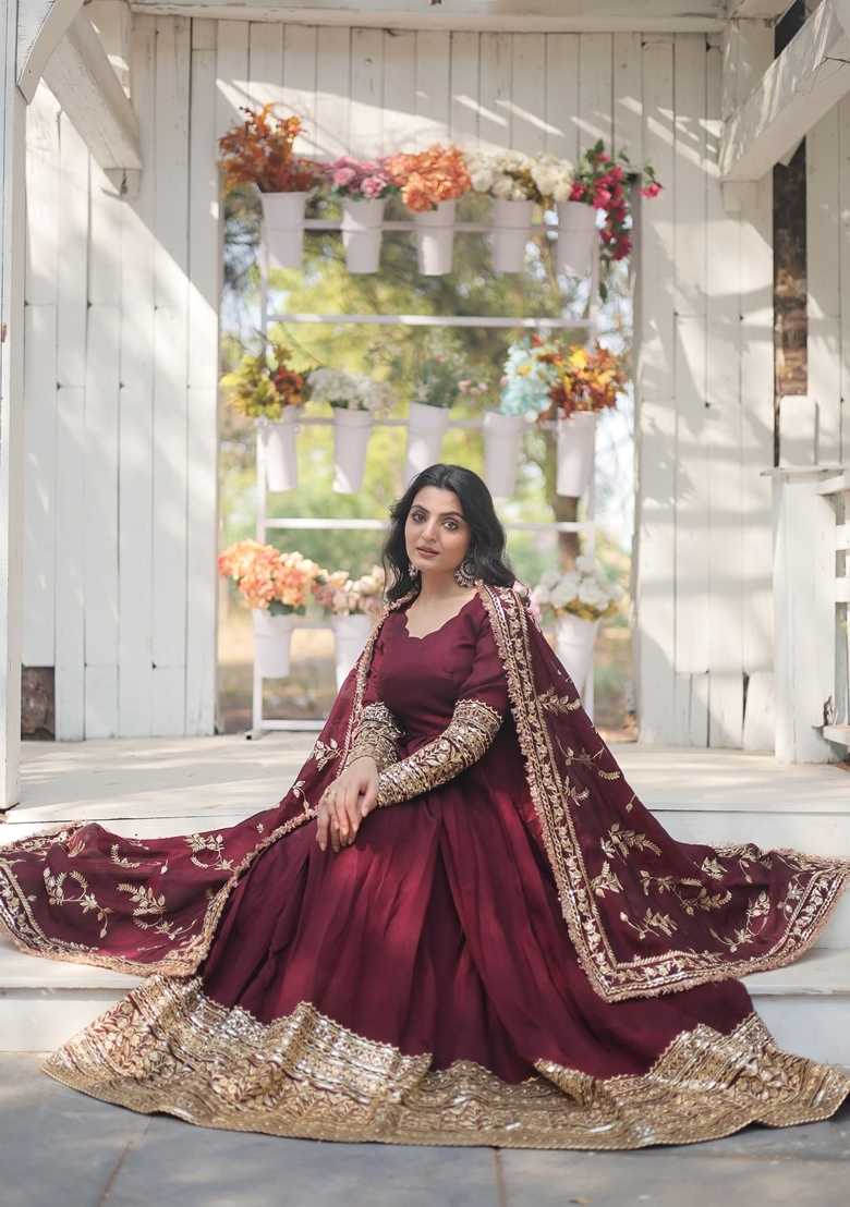 Maroon Embroidered Vichitra Anarkali Set