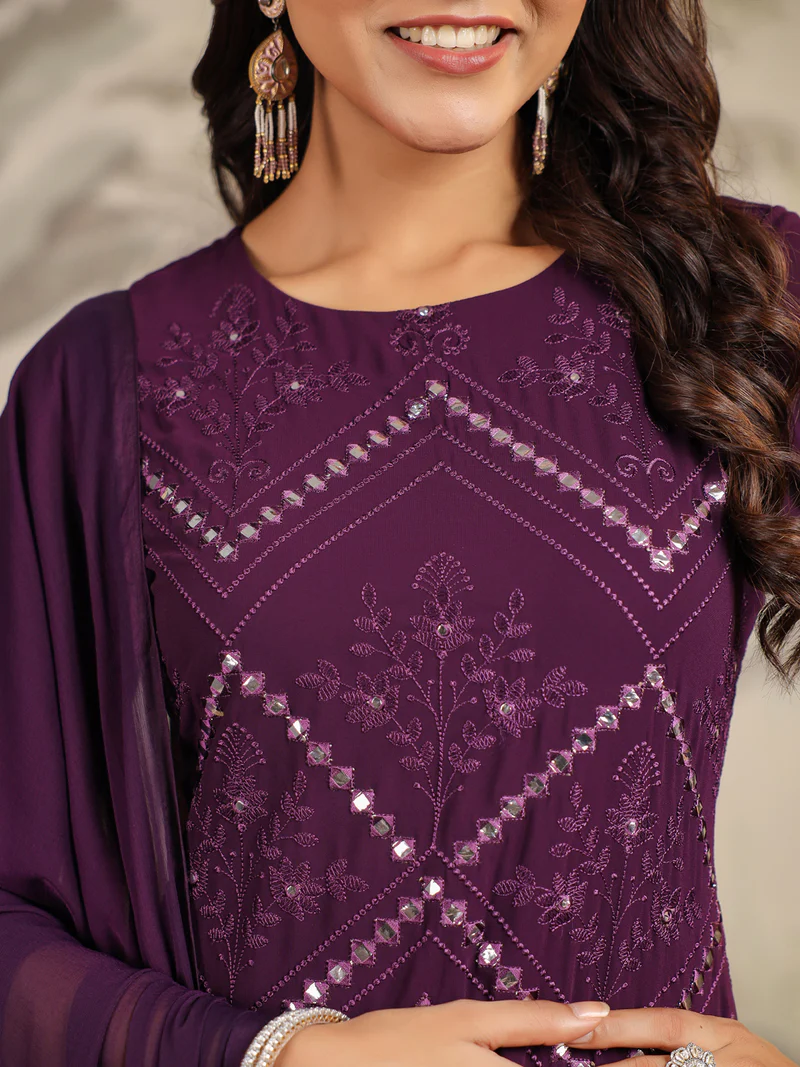 Purple Georgette Mirror Work Embroidered Straight Kurta With Palazzo Set