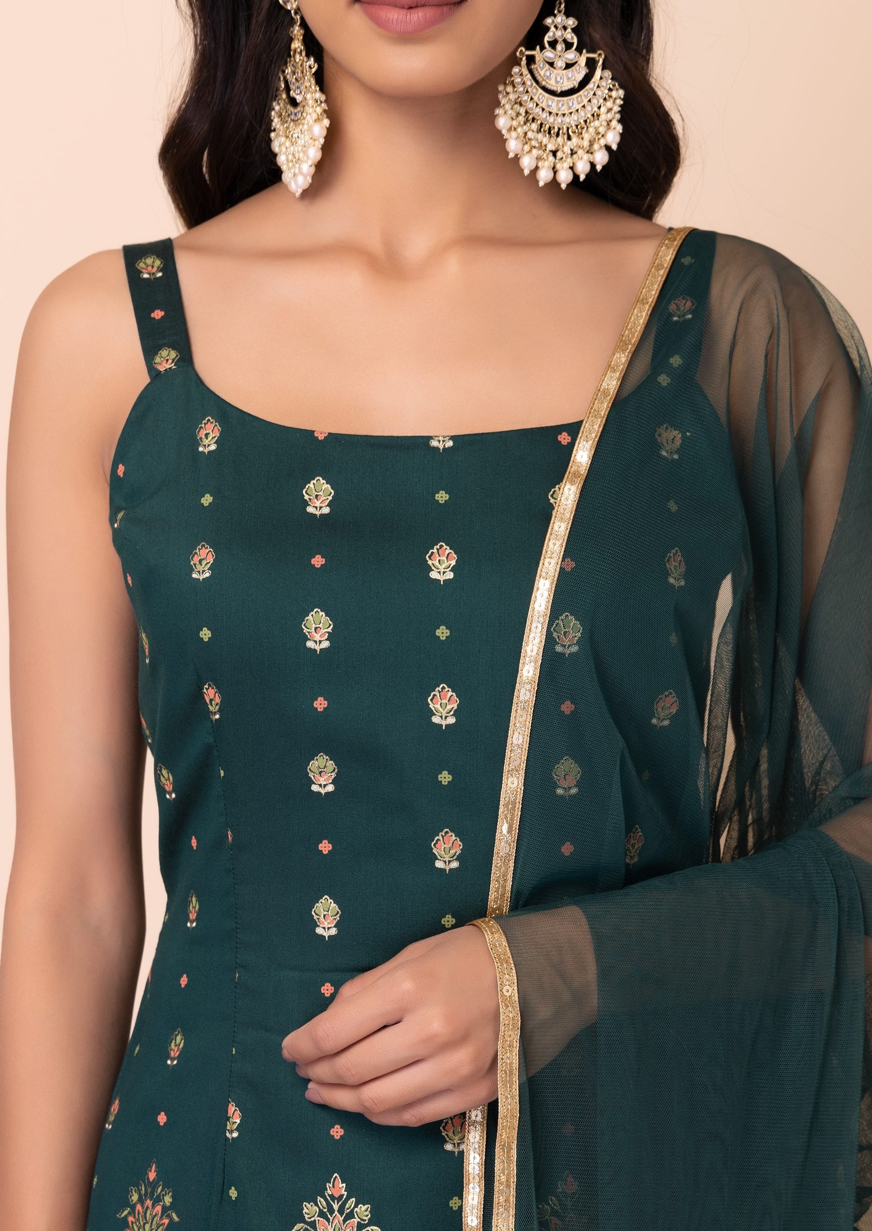 Turquoise Green Foil Print Sharara With Strappy Kurta And Dupatta (Set of 3)