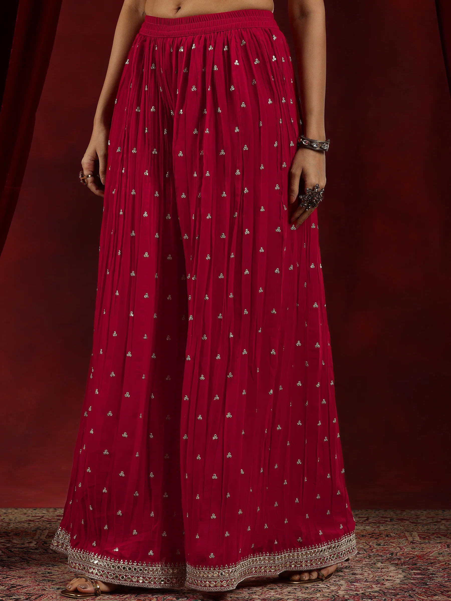 Red Embroidered Georgette Straight Suit With Dupatta