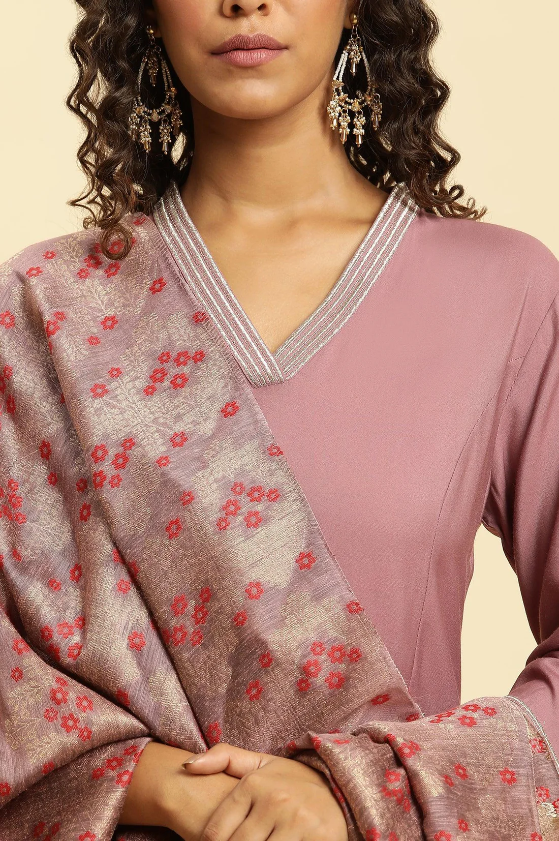 Pink Embellished Kurta, Pants And Jacquard Dupatta Set