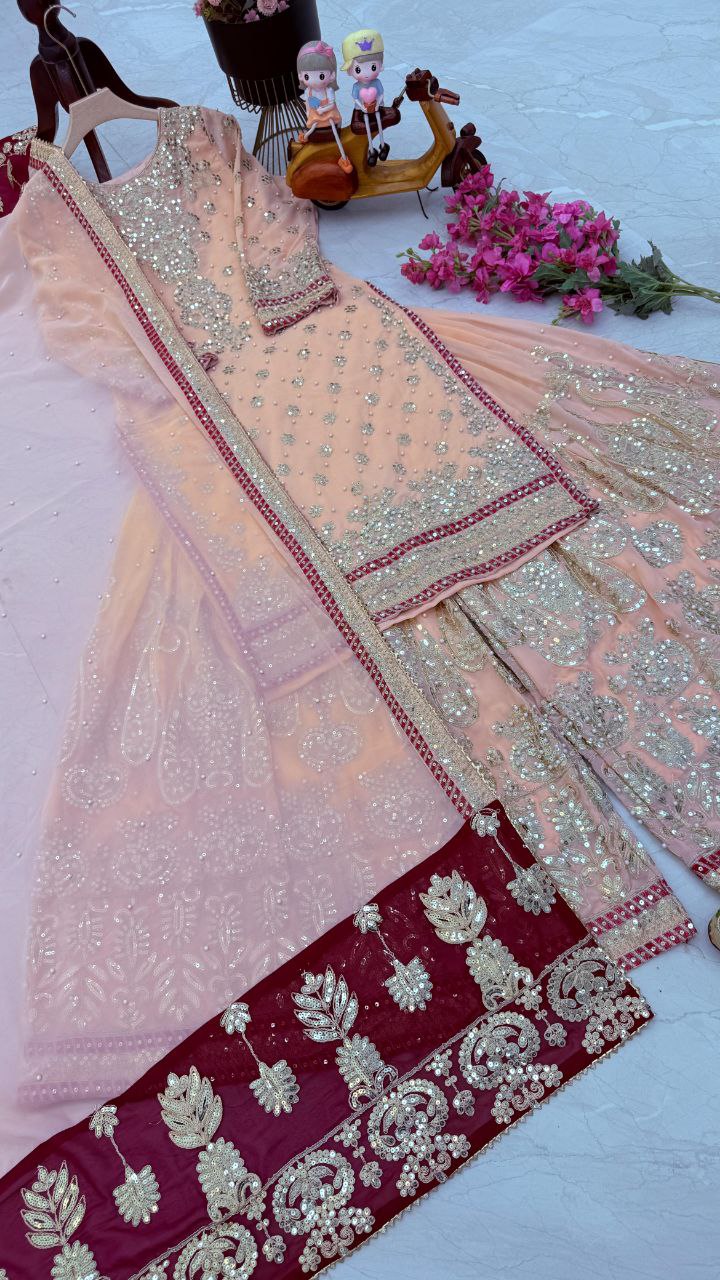 "Peach Color Sharara Embroidered Set: Graceful and Elegant Ethnic Wear"