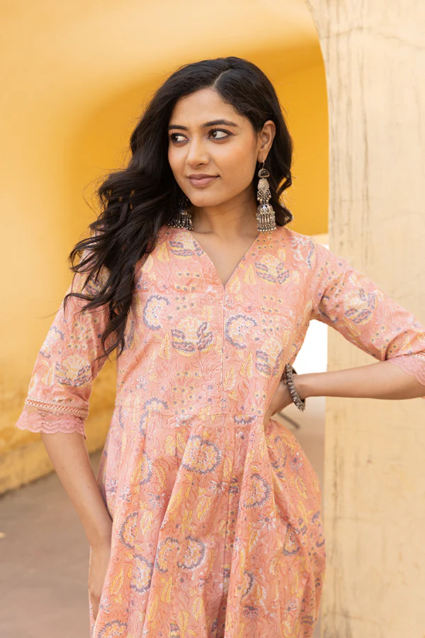 The Peach Handblock Anarkali Set With Doriya Dupatta