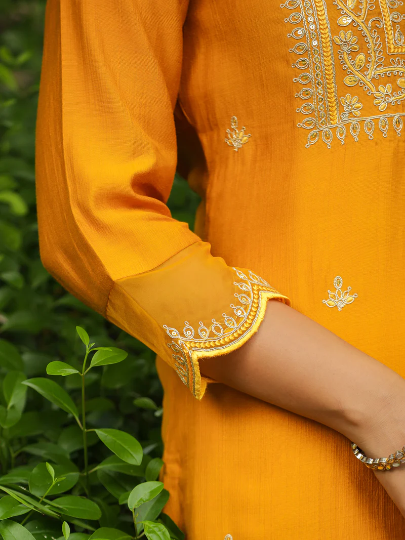 Mustard Silk Blend Embroidered Straight Kurta Set