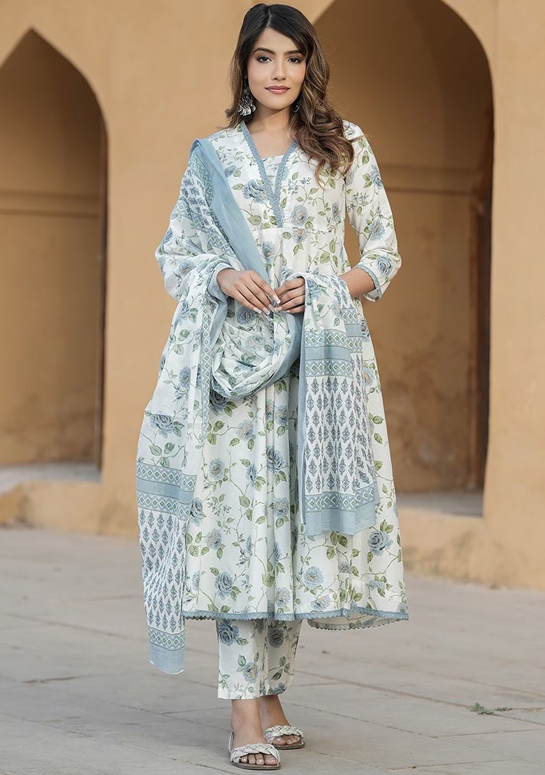 Floral Printed V-Neck Thread Work Pure Cotton Empire Kurta With Trousers And Dupatta