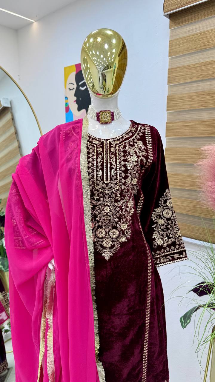 "Maroon Color Velvet Kurta Set: Luxurious and Classic Ethnic Elegance"