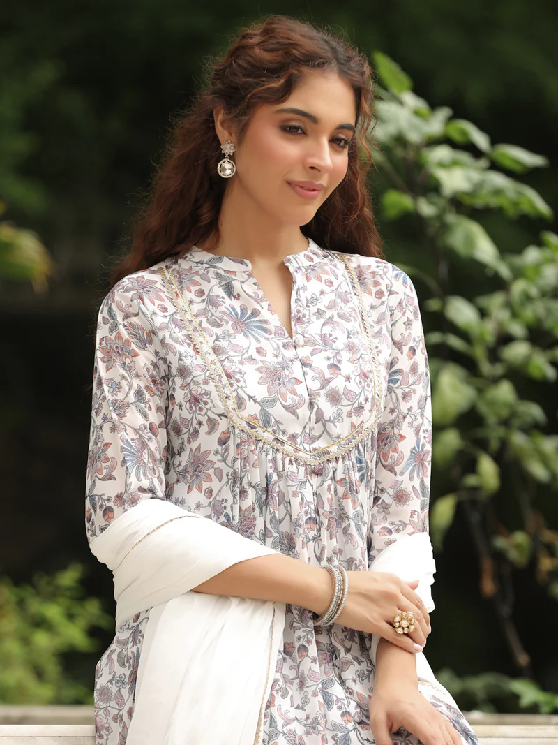 White Georgette Floral Printed A-Line Kurta Set