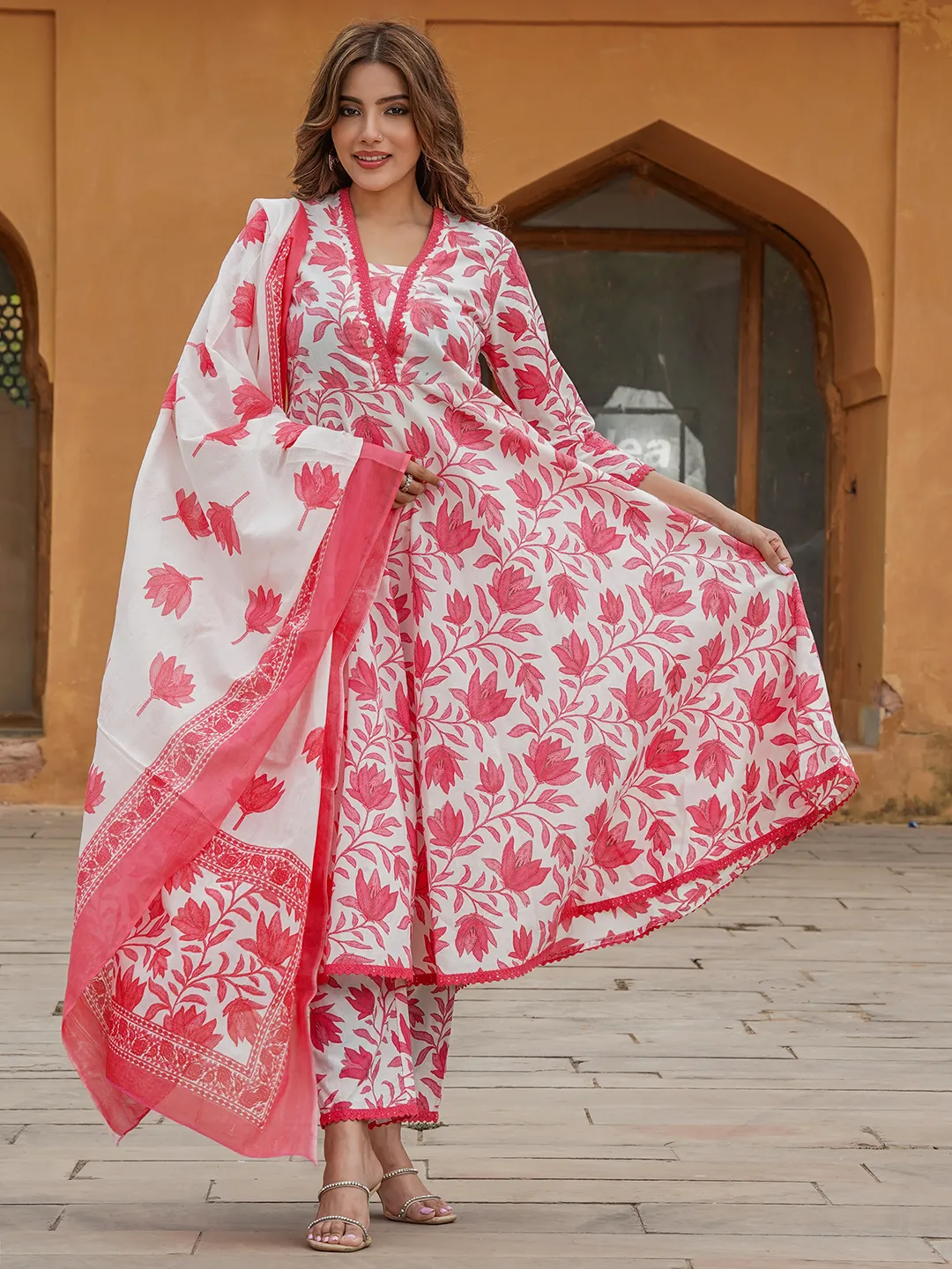 Women Red Floral Anarkali Kurta Pant and Dupatta Set