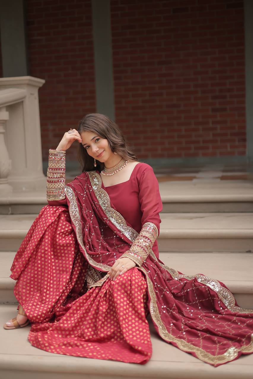 PREMIUM DESIGNER READYMADE TOP-SHARARA-DUPATTA MAROON COLOR