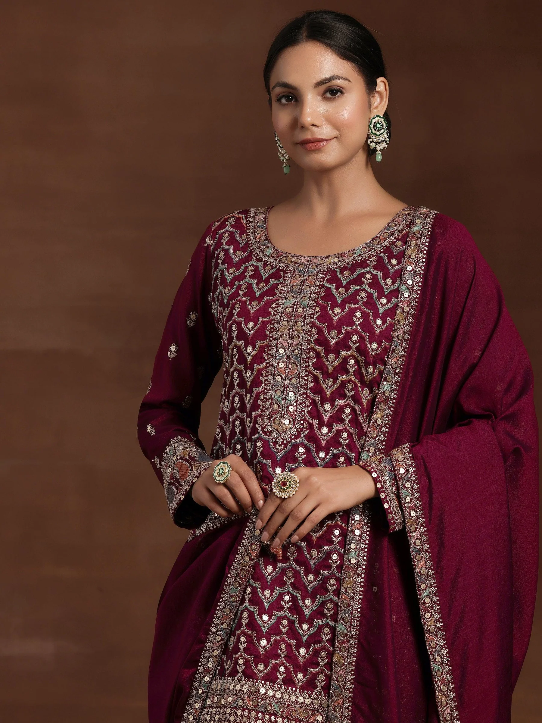 Wine Embroidered Silk Blend Straight Kurta With Palazzos & Dupatta