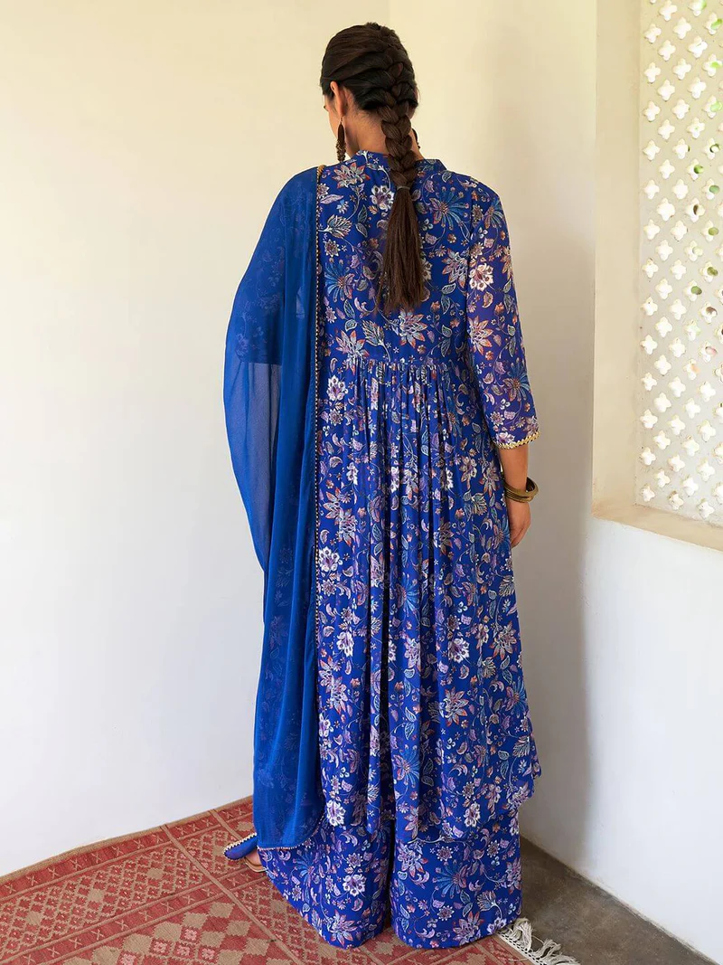 Blue Georgette Floral Kurta Palazzo Set