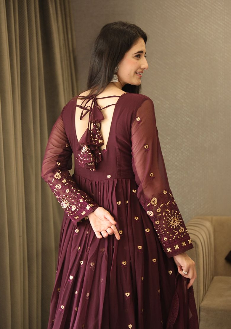 Wine Embroidered Georgette Anarkali Set