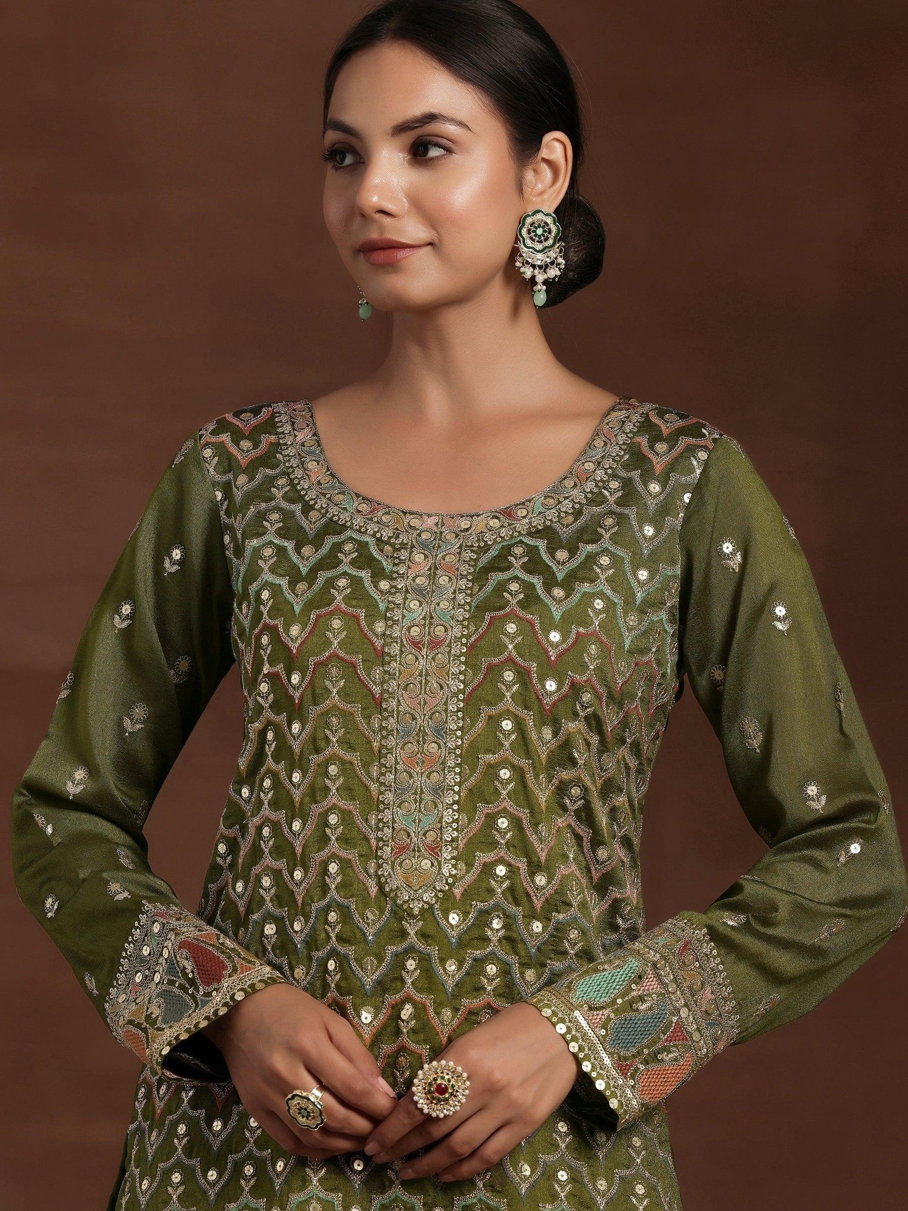 Olive Embroidered Silk Blend Straight Kurta With Palazzos & Dupatta