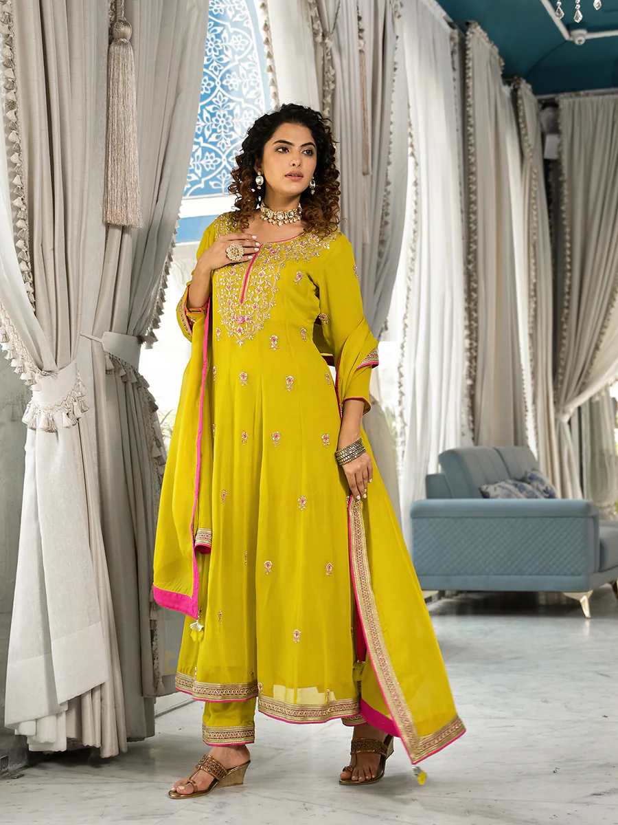 Yellow Zardozi Work Pure Georgette Anarkali Kurta Set with Dupatta