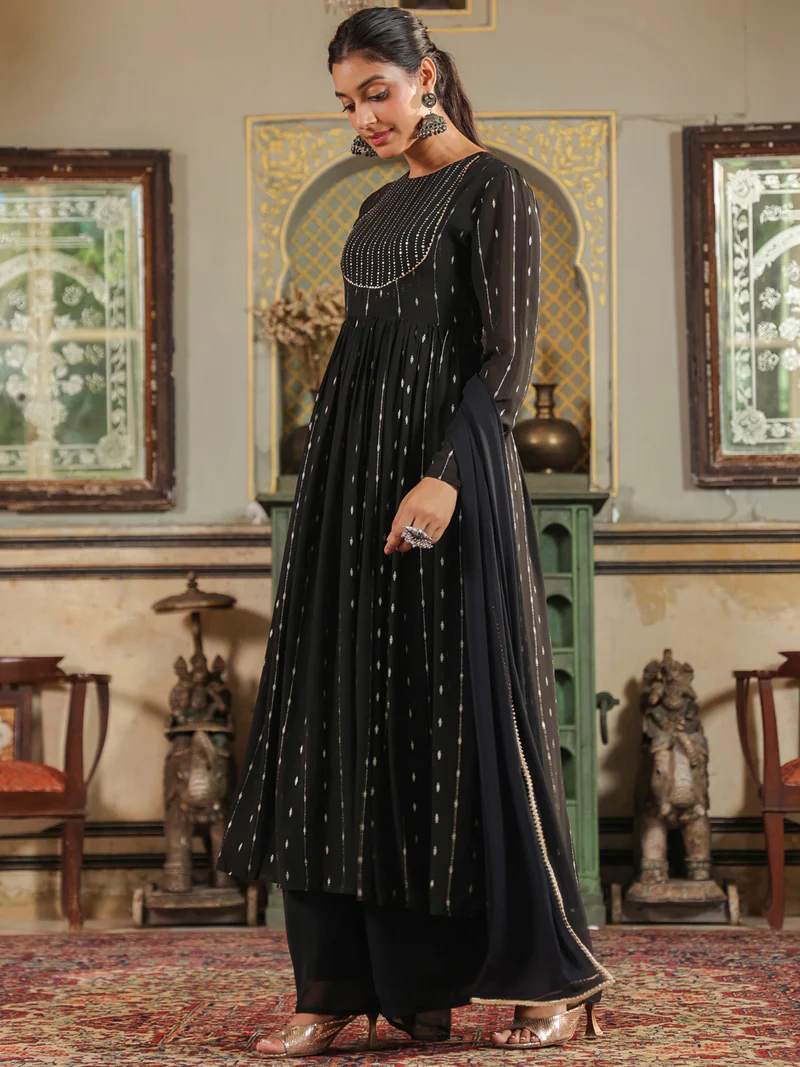 Black Georgette Foil Printed Anarkali Kurta Set