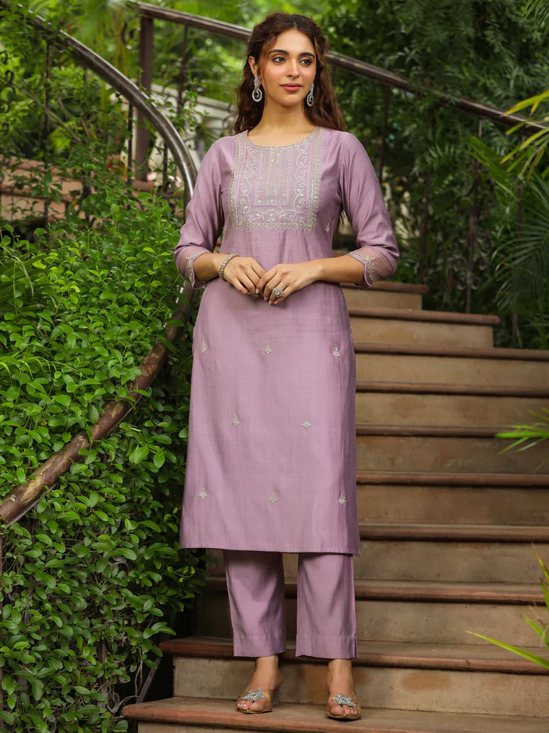 Lavender Silk Blend Embroidered Straight Kurta Set