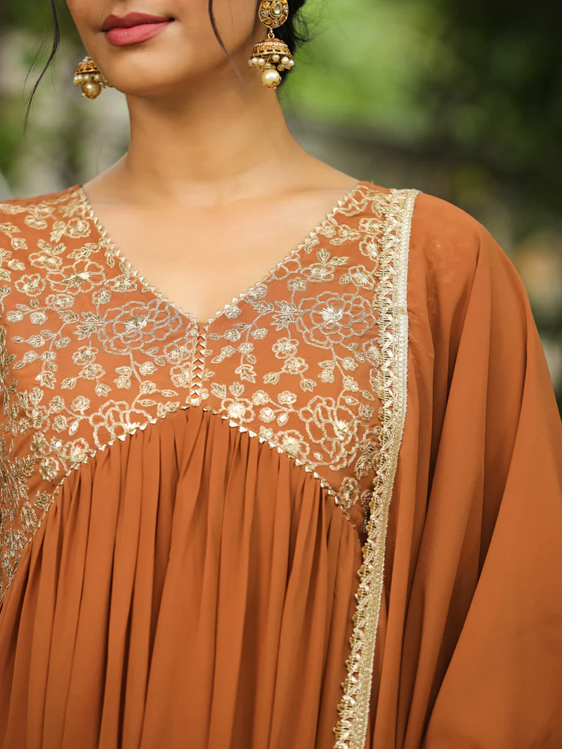 Brown Georgette Yoke Embroidered A-Line Kurta Set