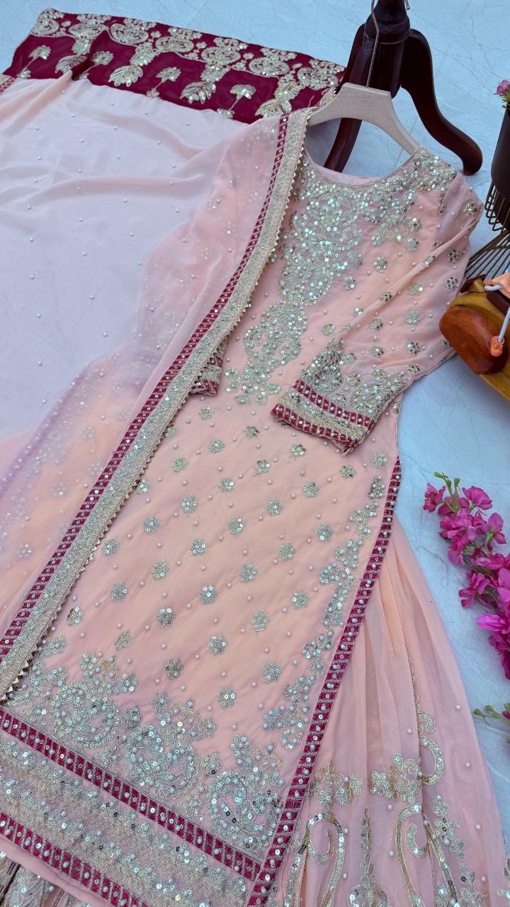 "Peach Color Sharara Embroidered Set: Graceful and Elegant Ethnic Wear"