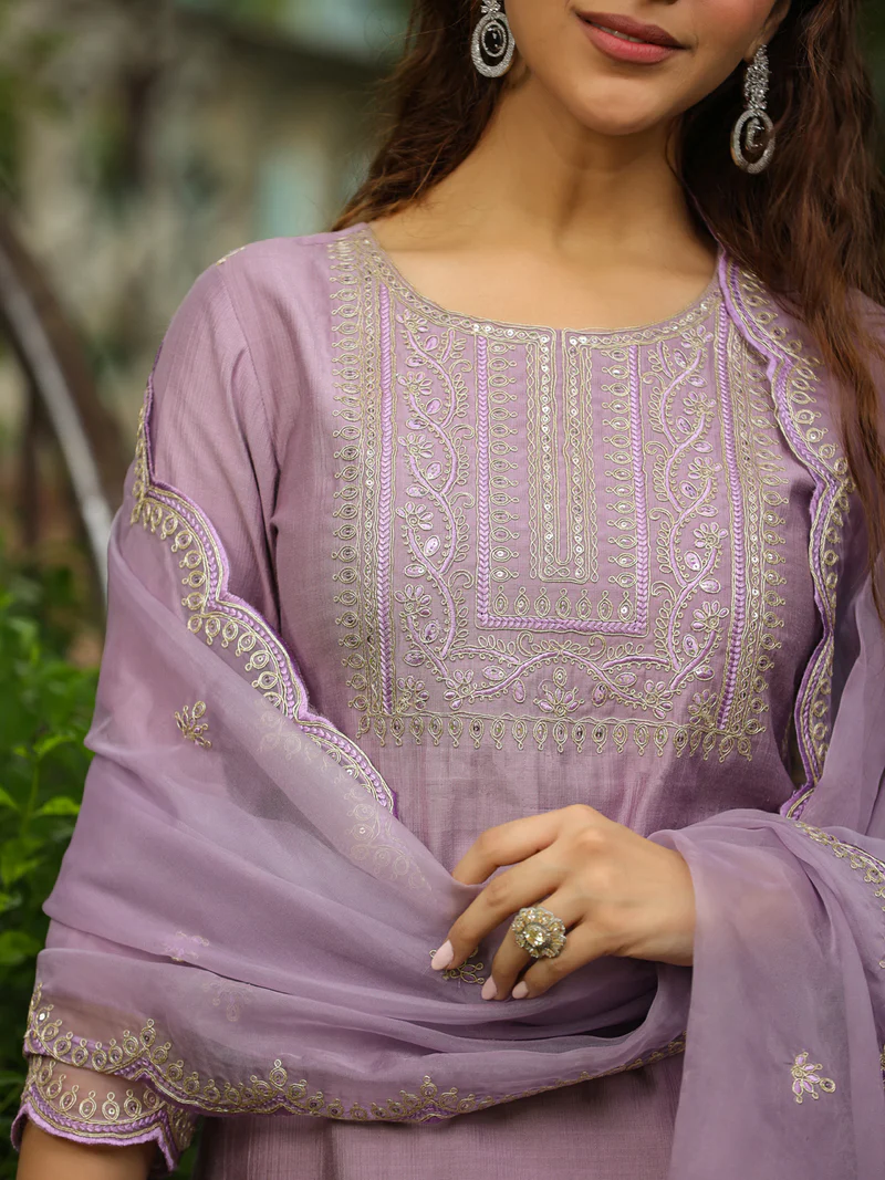 Lavender Silk Blend Embroidered Straight Kurta Set