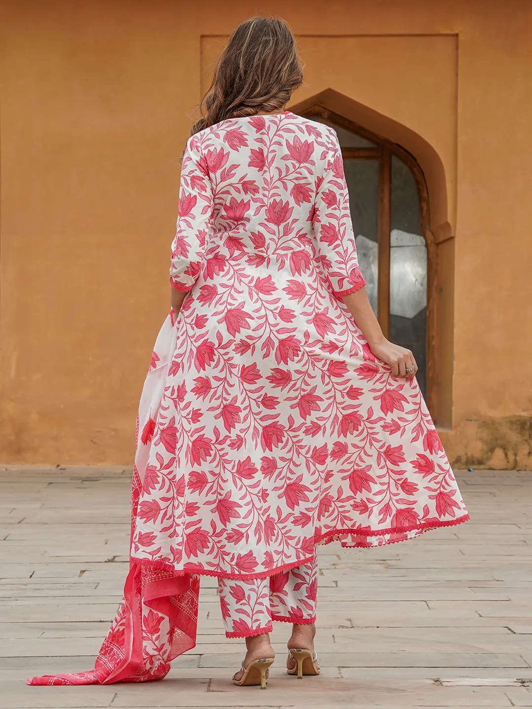 Women Red Floral Anarkali Kurta Pant and Dupatta Set