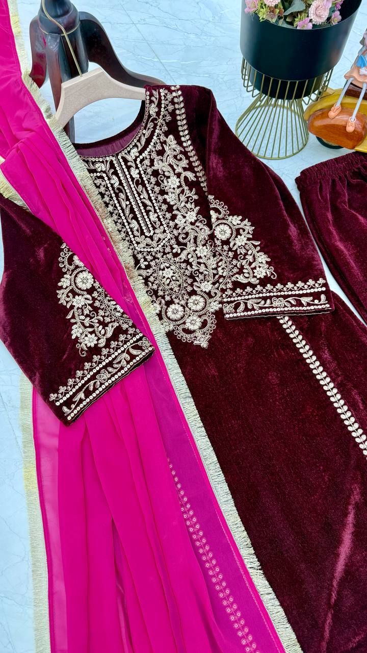 "Maroon Color Velvet Kurta Set: Luxurious and Classic Ethnic Elegance"