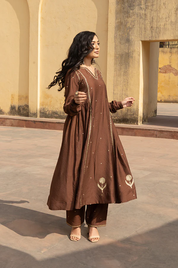 Brown Chanderi Three Kali Embroidered Three Kali Kurta Pant Set