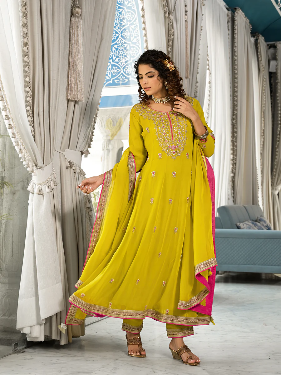 Yellow Zardozi Work Pure Georgette Anarkali Kurta Set with Dupatta