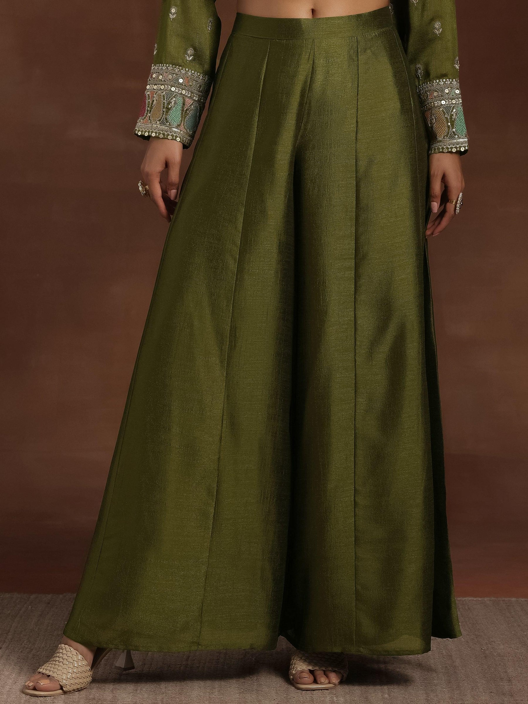 Olive Embroidered Silk Blend Straight Kurta With Palazzos & Dupatta