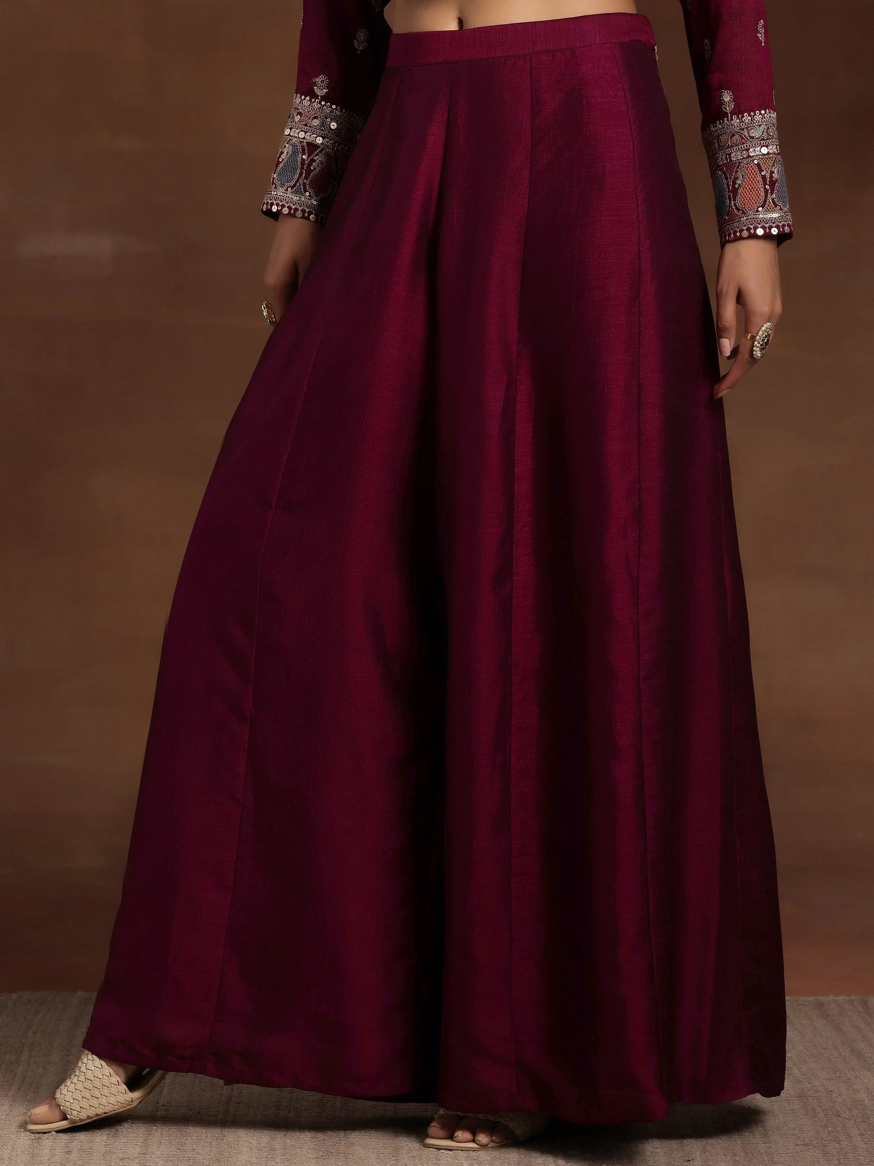 Wine Embroidered Silk Blend Straight Kurta With Palazzos & Dupatta