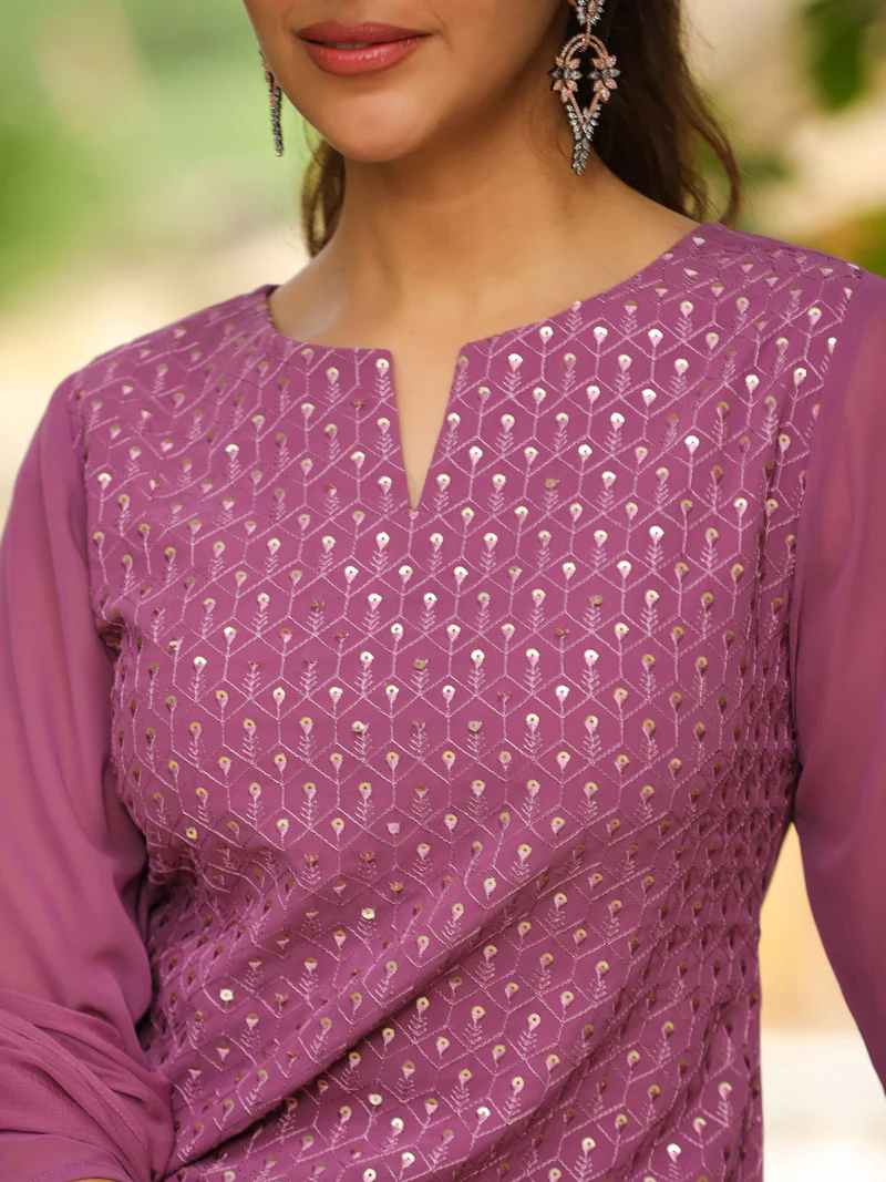 Lavender Georgette Embroidered Straight Sharara Kurta Set