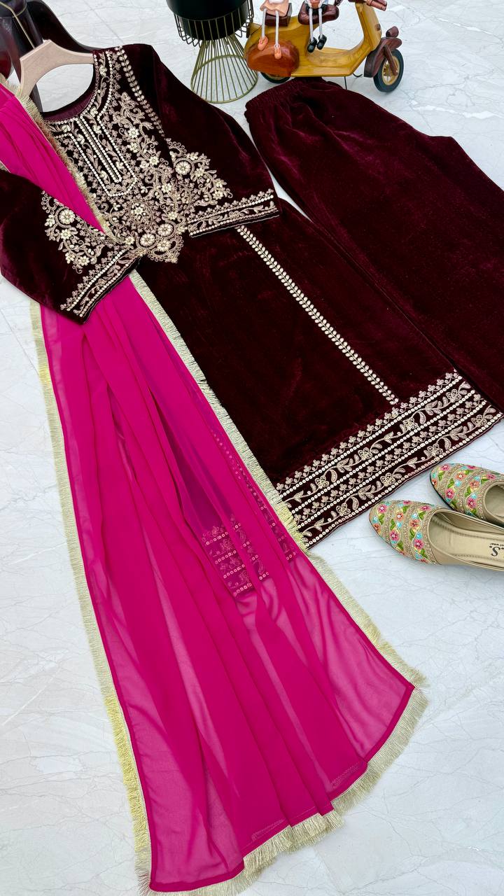 "Maroon Color Velvet Kurta Set: Luxurious and Classic Ethnic Elegance"