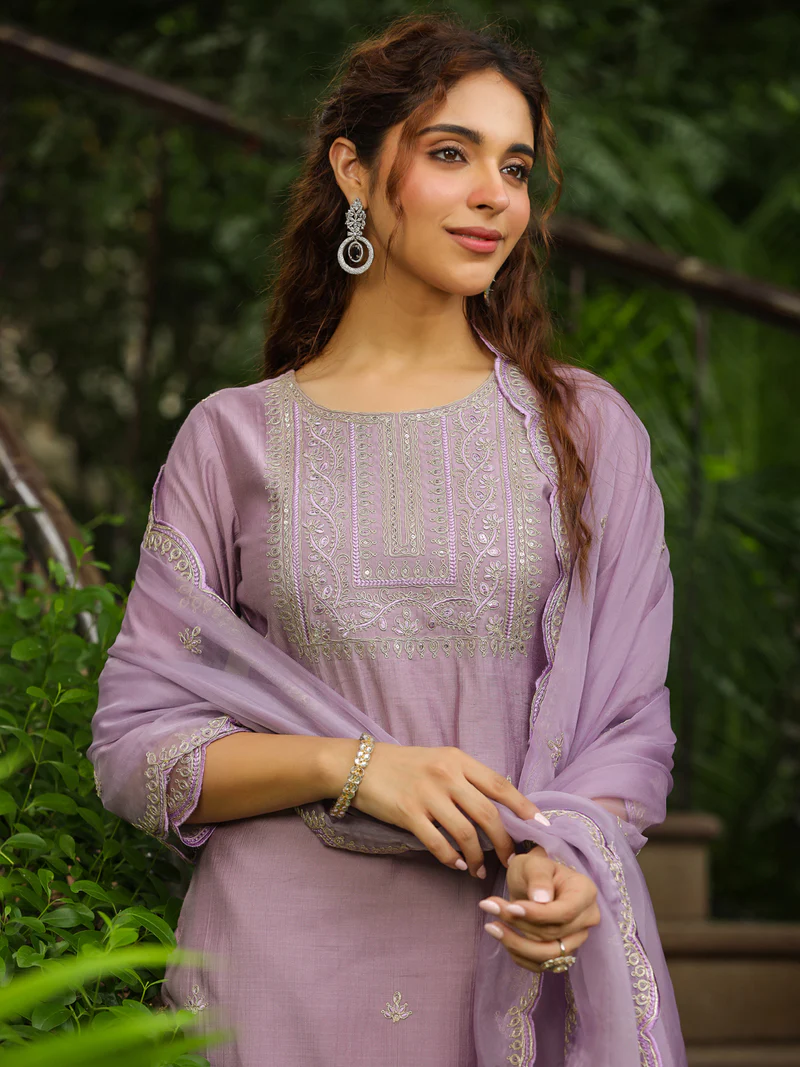 Lavender Silk Blend Embroidered Straight Kurta Set