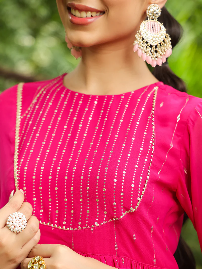 Pink Georgette Foil Printed Anarkali Kurta Set