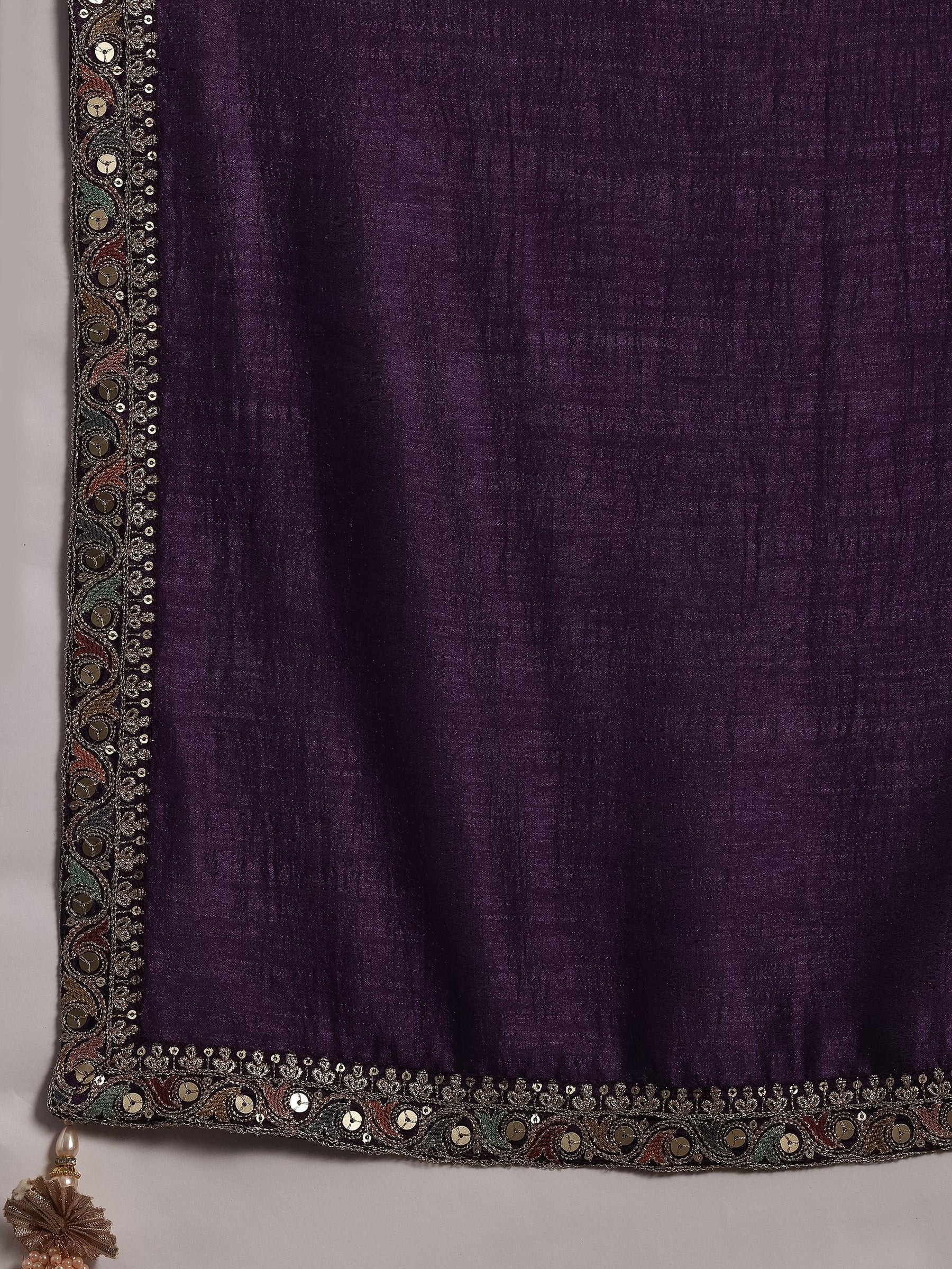 Purple Embroidered Silk Blend Straight Kurta With Palazzos & Dupatta