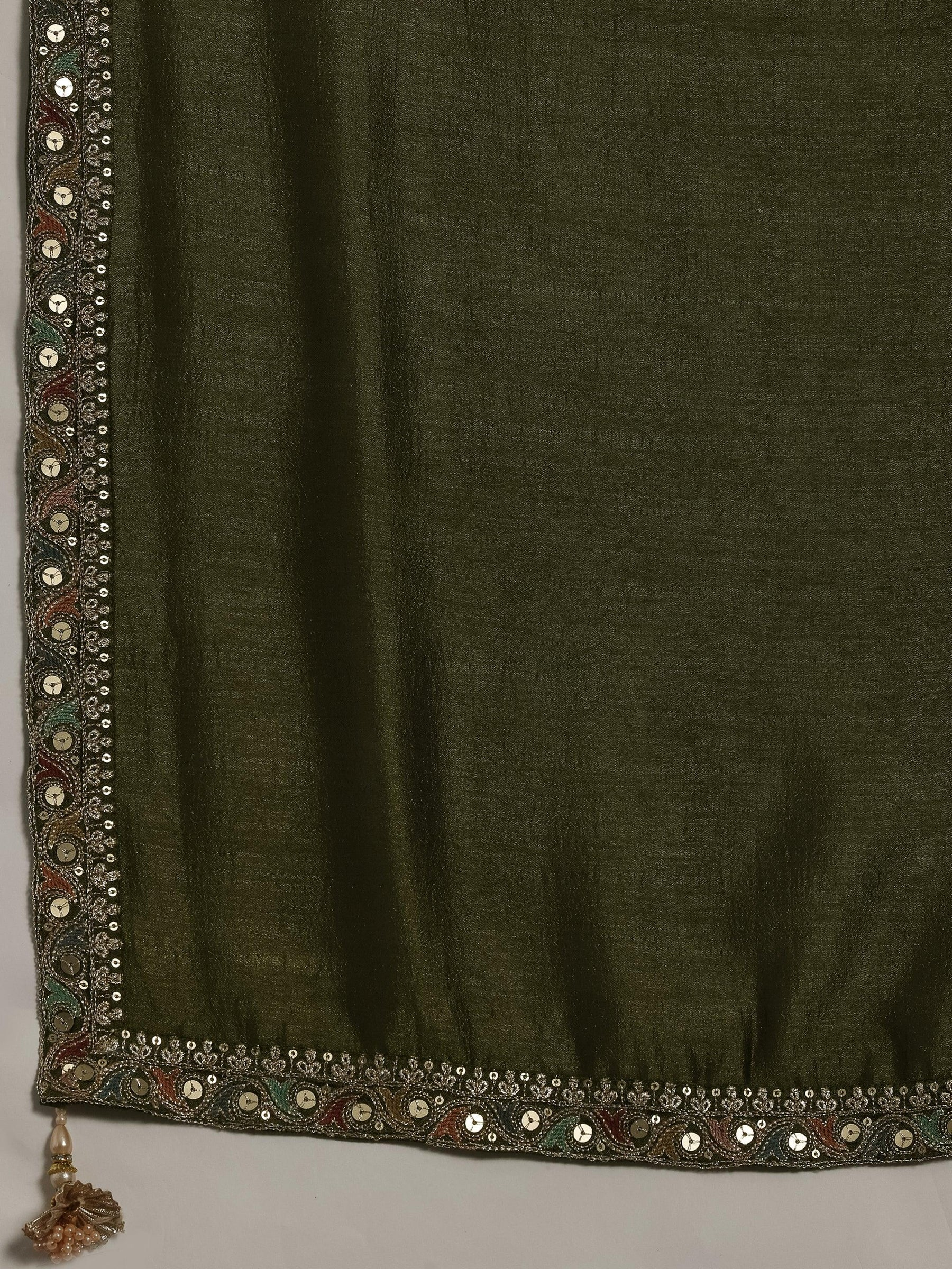 Olive Embroidered Silk Blend Straight Kurta With Palazzos & Dupatta