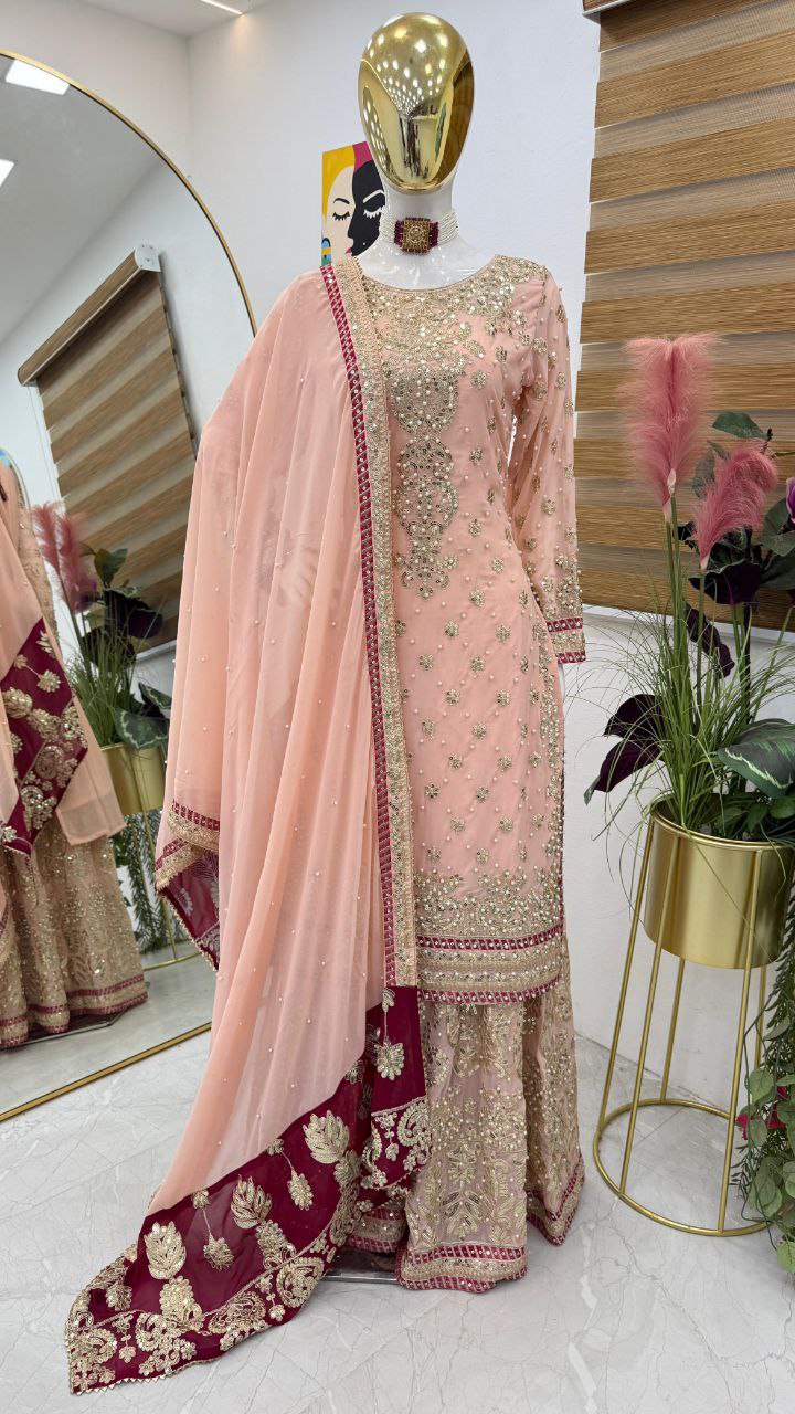 "Peach Color Sharara Embroidered Set: Graceful and Elegant Ethnic Wear"