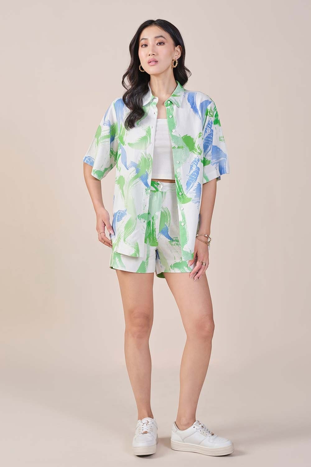 Green Printed Viscose Rayon Shirt Collar Women Relaxed Fit Co-ord Sets