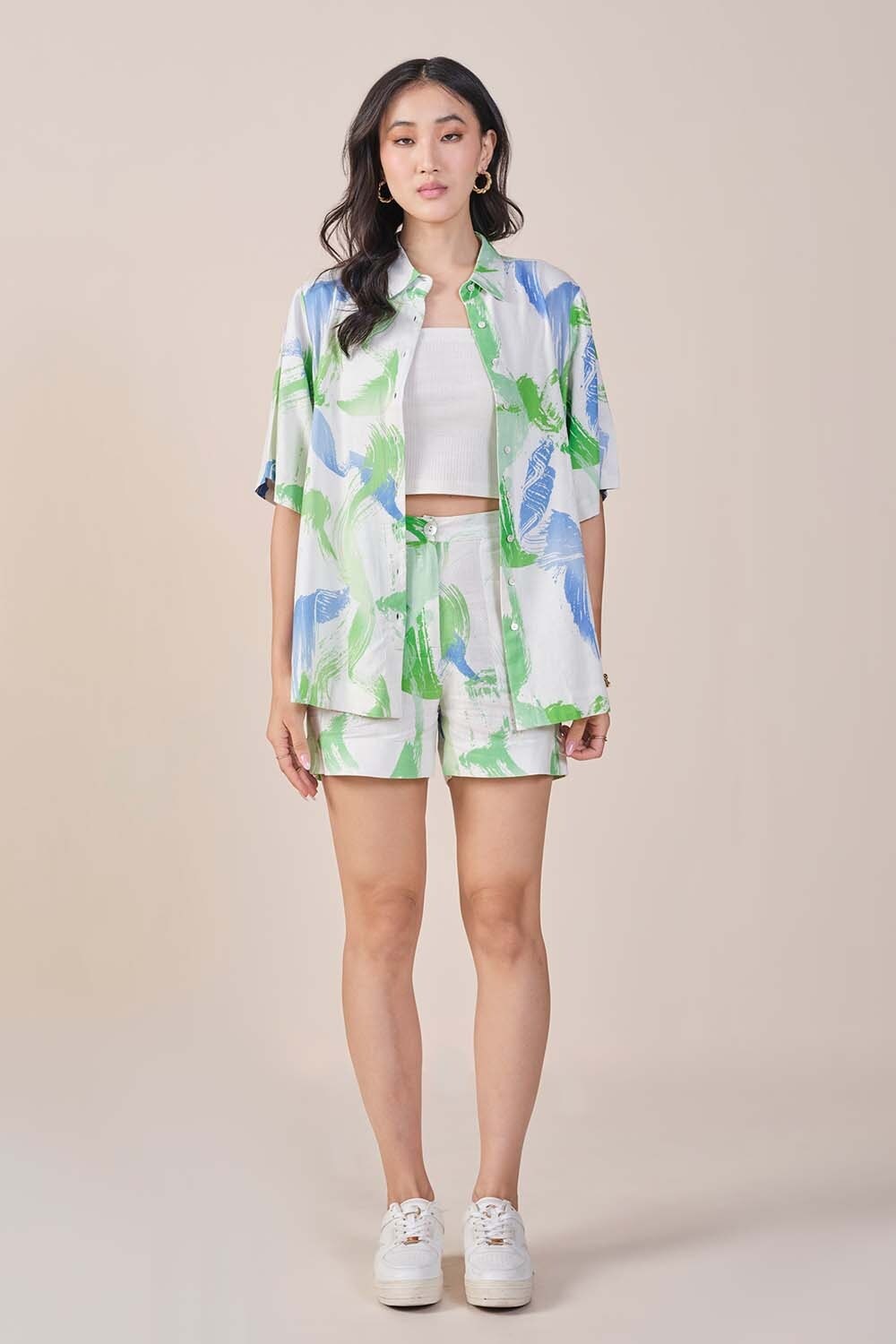 Green Printed Viscose Rayon Shirt Collar Women Relaxed Fit Co-ord Sets