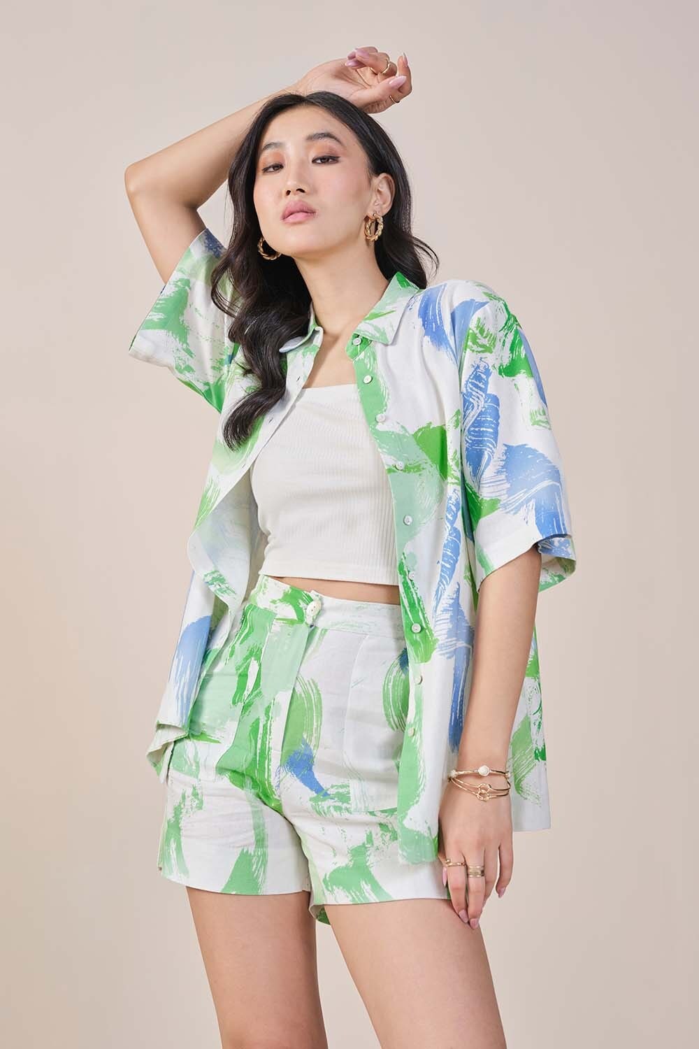 Green Printed Viscose Rayon Shirt Collar Women Relaxed Fit Co-ord Sets